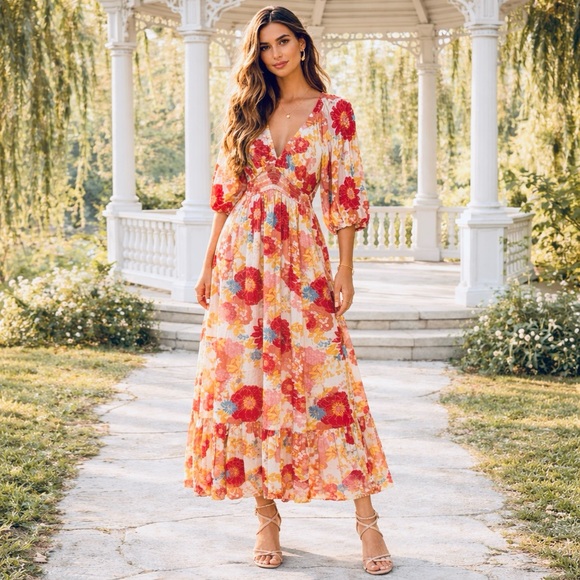 bohme Dresses & Skirts - Bohme Floral Smocked Waist Boho Maxi Dress | V-Neck Romantic Print